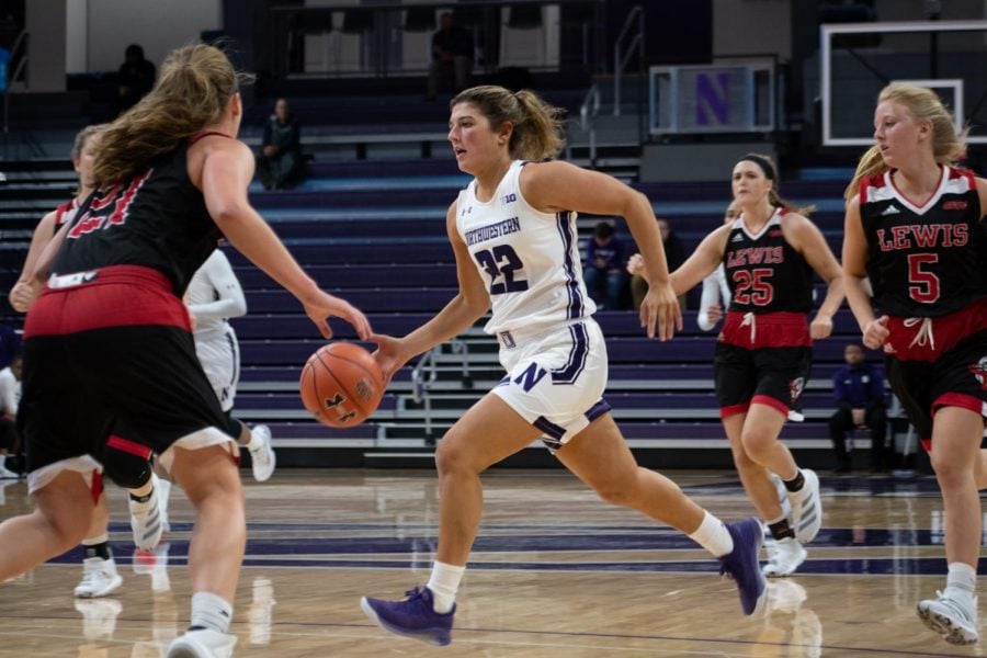Byrdy Galernik dribbles the ball. The senior guard has become Northwestern's top scorer off the bench.