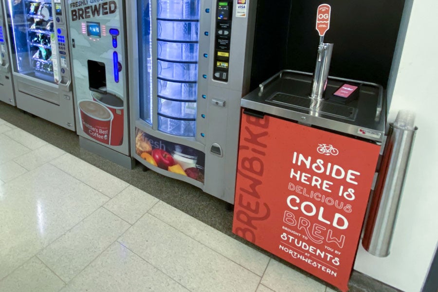 A BrewBot in Tech Express. The 24-hour, pay as you pour cold brew dispensers allow students on North Campus to access BrewBike cold brew any time of the day.
