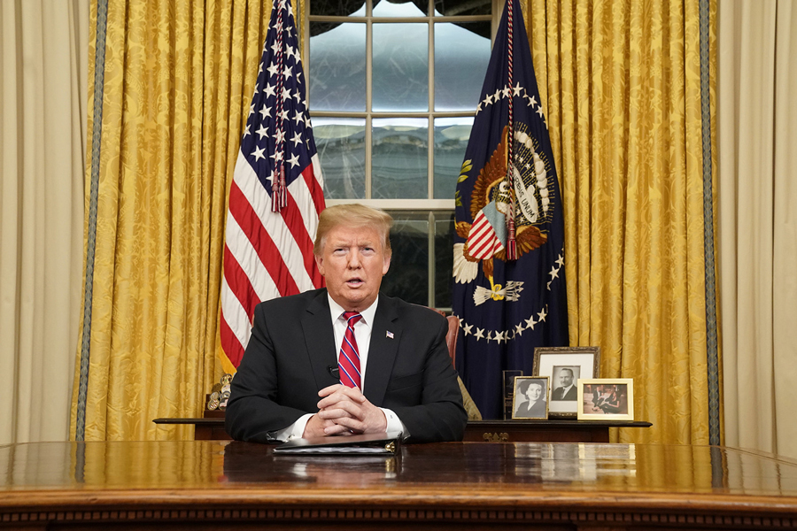 President Donald Trump speaks to the nation in January 2019 in a prime-time address from the Oval Office of the White House. Trump now faces impeachment charges, and awaits a Senate trial.