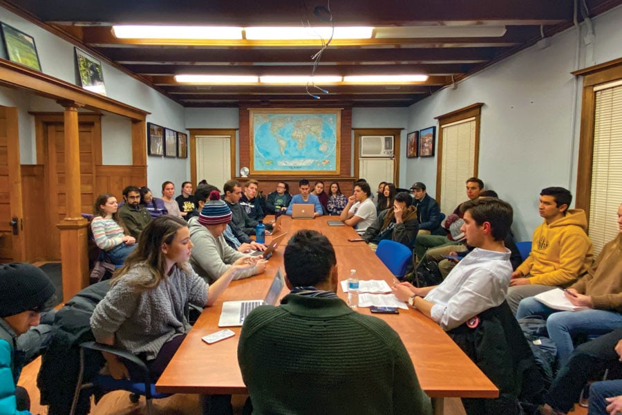 Students at a Political Union meeting. The group narrowly voted in favor of condemning the United States’ assassination of Iranian general Qassim Suleimani.