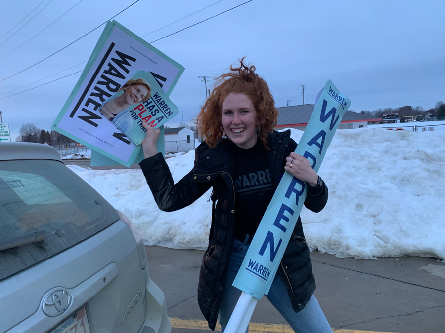 Communication junior Sophia Blake arrives at Pleasantville Middle School two hours before the caucus begins. She was assigned as a caucus night support team member for Elizabeth Warren, meant to persuade undecided voters during the realignments.