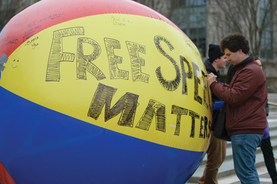 A beachball rolled in front of the Technological Institue in 2017 to protest the University’s free speech policies. 