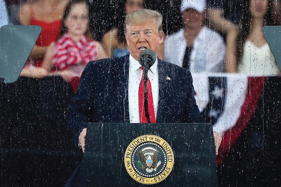 President Donald Trump delivers remarks in front of the Lincoln Memorial in Washington, D.C., on July 4, 2019. Trump was impeached for abuse of power and obstruction of Congress.