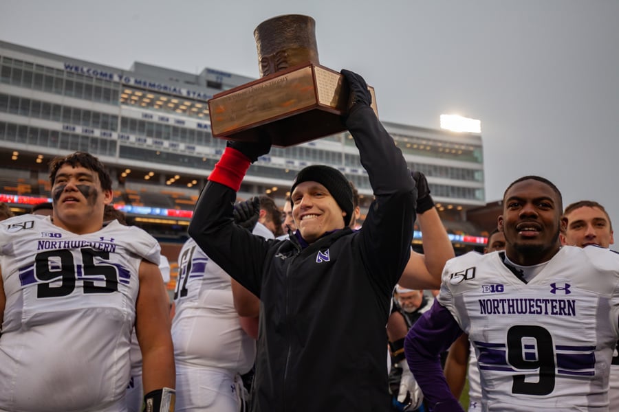 TJ Green holds the Hat after Northwestern’s blowout win against Illinois in 2019. The graduate hopes to recover from the foot injury that sidelined him in 2019 and become the starter.