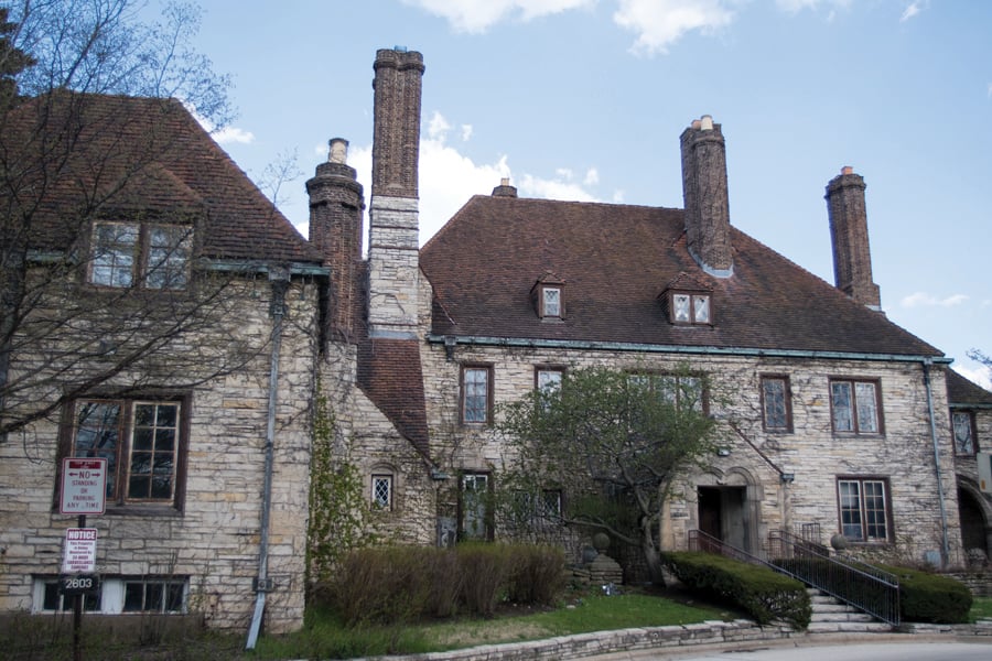 The front of the Harley Clarke Mansion.