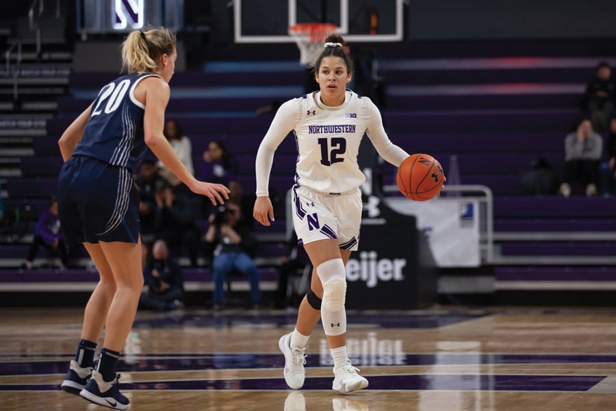 Veronica+Burton+moves+the+ball+up+the+court.+The+sophomore+finished+with+19+points+in+NU%E2%80%99s+win+over+Penn+State+on+Sunday.