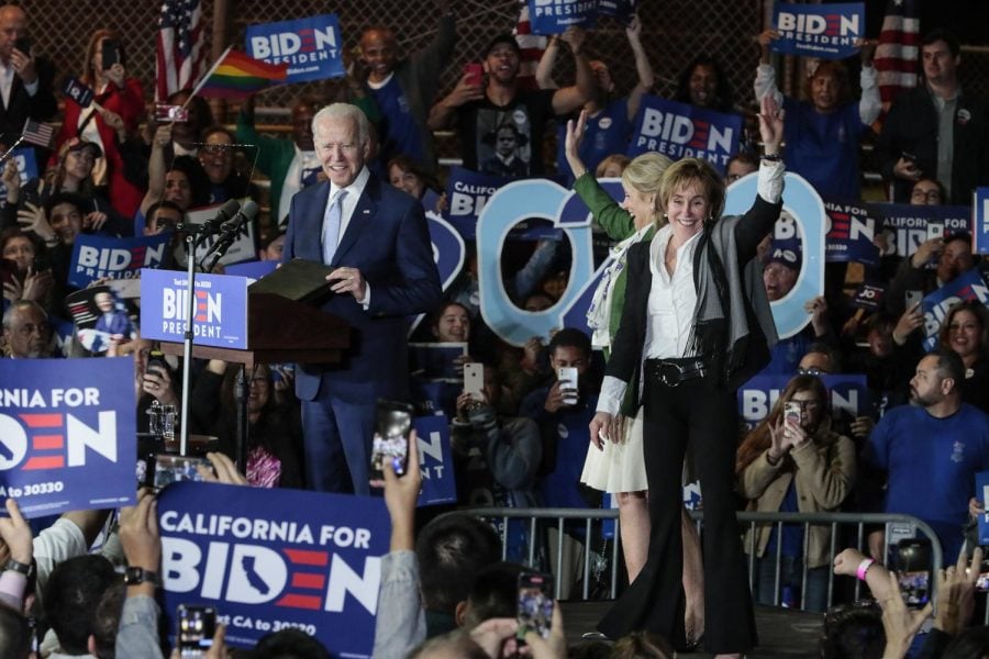 Democratic Presidential hopeful Joe Biden takes the stage with his wife, Jill, and sister, Valerie, right, during a campaign rally at the Baldwin Hills Recreation Center in Los Angeles on Tuesday, March 3, 2020. Biden declared victory in the Illinois presidential primary on March 17.
