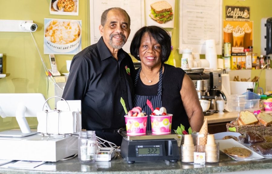 Larry+and+Jean+Murphy+at+YoFresh+Yogurt+Cafe.+Their+business+will+continue+to+support+the+community+on+Election+Day.+%0A