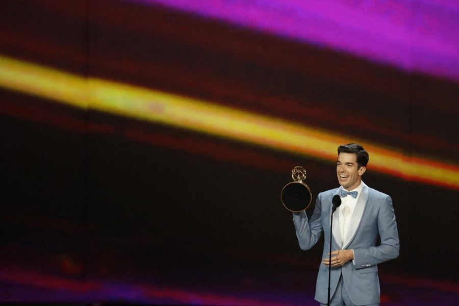 John Mulaney accepting his Emmy he won for Kid Gorgeous at Radio City in 2018. The comedian and writer will appear in a virtual Q&A to Northwestern students on May 25.
