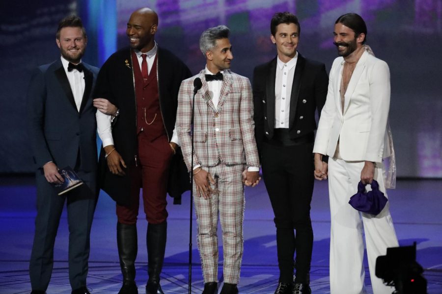 Jonathan Van Ness, right, with the other four Queer Eye cast members onstage during the 70th Primetime Emmy Awards at the Microsoft Theater in Los Angeles on Monday, Sept. 17, 2018. Van Ness will be speaking at a virtual Q&A on May 7 as part of A&O’s Spring Speaker Series. 