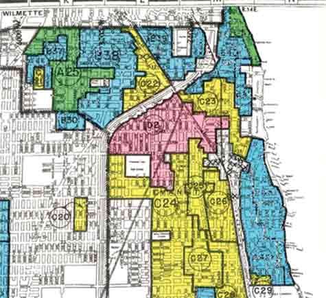 1940 HOLC map ranking the neighborhoods of Evanston by desirability. The modern-day 5th Ward, highlighted in red, is classified as “undesirable” due to a significant black population.