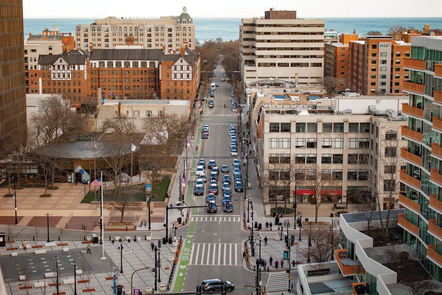 A view of Evanston from above. The Panera Bread located at 1700 Sherman Ave. closed its doors permanently, and five more stores in downtown Evanston have closed within the past year. 