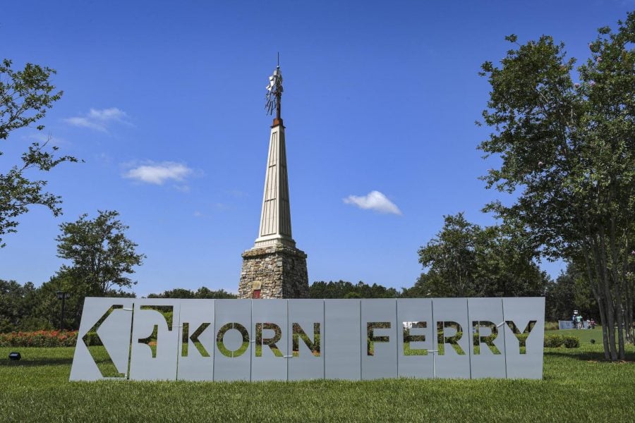 The Korn Ferry Tour logo pictured on a golf course. Former Northwestern golfer David Lipsky recently moved up the tour’s ranks