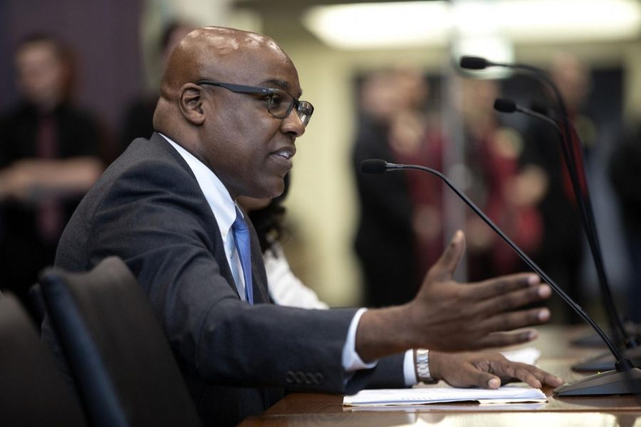 Illinois Attorney General Kwame Raoul at a hearing in 2019 at the Michael A. Bilandic Building in Chicago. Northwestern is participating in a lawsuit filed by Raoul and 17 other state AGs.