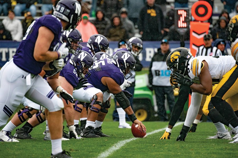 Rashawn Slater (70) prepares for the snap at the line of scrimmage. Slater became the first Northwestern player to opt out of the 2020 season.