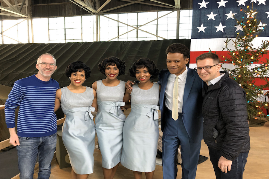Curtis Moore (leftmost) and Thomas Mizer (rightmost) with LeRoy McClain and members of the cast of “The Marvelous Mrs. Maisel”