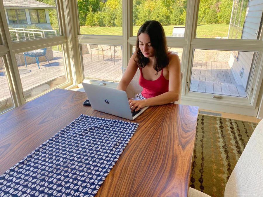 Medill sophomore Erica Davis completes online classes from a house in Skaneateles, NY. Davis is one of several sophomores completing virtual classes in a “pod” away from Evanston.
