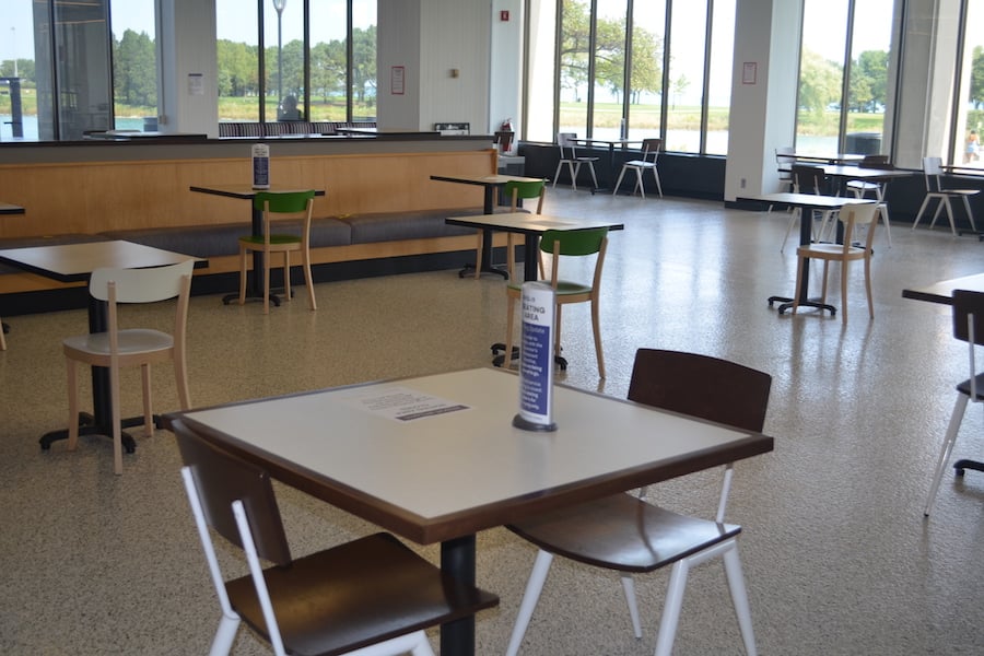 Tables and chairs are spaced six feet apart in preparation for in-person dining at Northwestern.