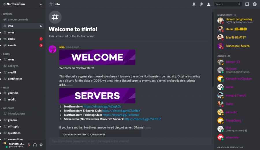 A screenshot of the Northwestern Discord server owned by McCormick freshman Alan Senkus. Freshmen have been using the server to form connections during the remote quarter.