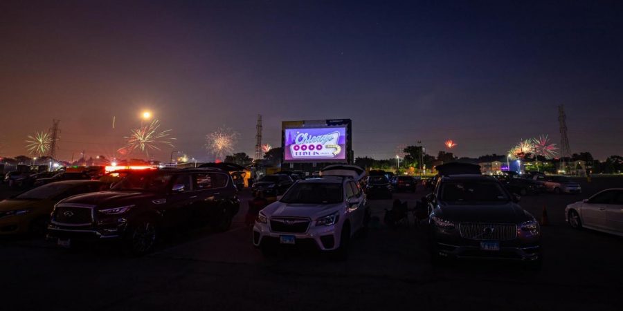 Cars gather for a night at the Chicago Drive-In. The drive-in opened this summer as a socially-distant entertainment venue.