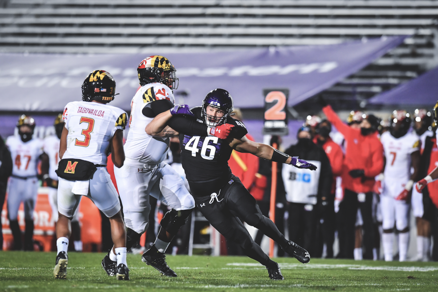 Devin ORourke goes in for a tackle. The Northwestern defense held Marylands first-year quarterback to under 100 yards in the air.