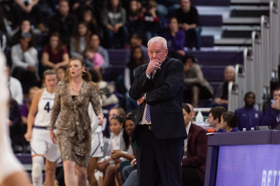 Joe+McKeown+stands+on+the+sidelines.+The+reigning+Big+Ten+Coach+of+the+Year+and+Northwestern+are+looking+to+win+their+second-straight+Big+Ten+title.+