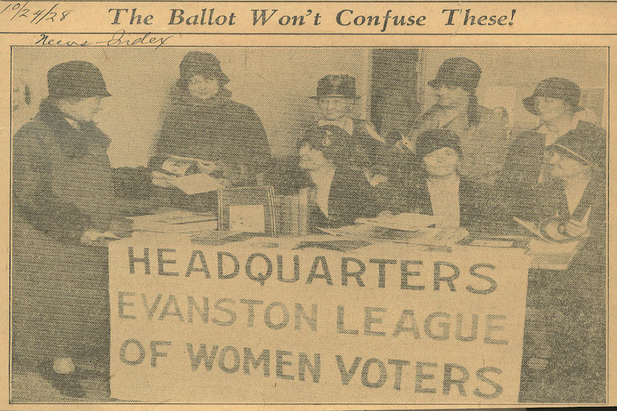 Women sit behind a table with a sign reading “Headquarters Evanston League of Women Voters” in a photograph dated Oct. 24, 1928. The League, founded to educate and encourage women voters shortly after the 19th Amendment’s ratification, is still active in voter mobilization today. 