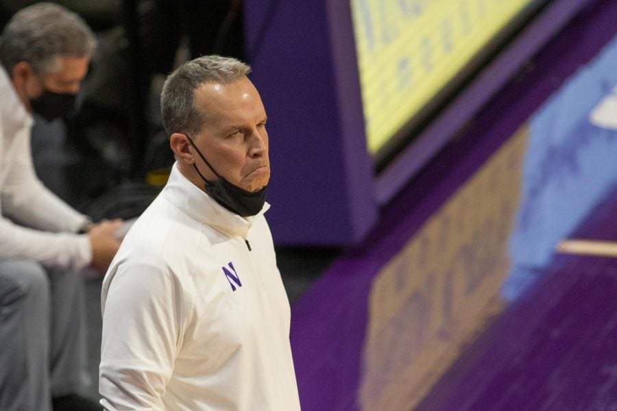 Coach Chris Collins reacts to the on-court action. The Cats surrendered 49 first half points to No. 5 Iowa and suffered their fifth consecutive loss.
