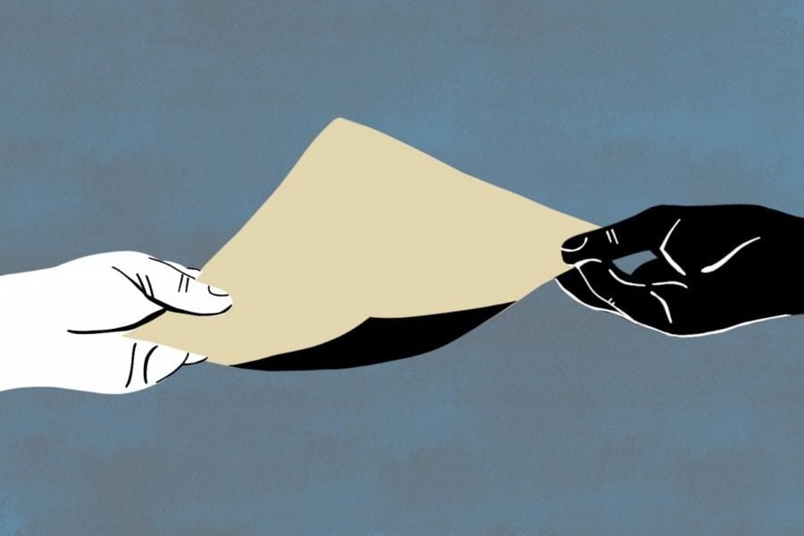 A digital illustration of a white hand and a black hand holding a beige piece of paper, against a blue-grey background