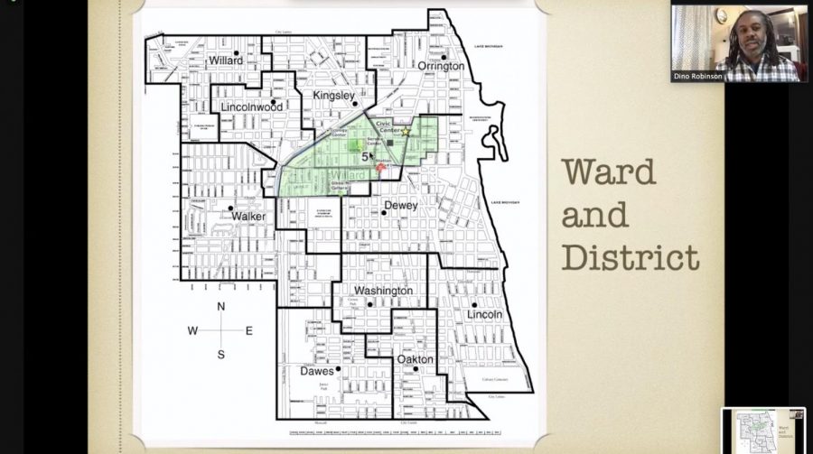 A map of Evanston showing the 5th ward shared on a Zoom screen with Dino Robinson speaking in the right hand corner.