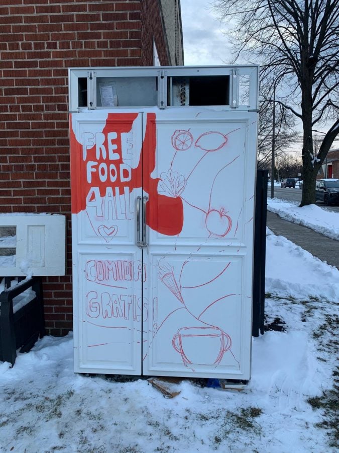 The Evanston Fight for Black Lives community fridge, outside of the Childcare Network of Protection building at 1335 Dodge Ave. The fridge will be moved to the front of the building and will be painted by Ziana Pearson-Muller as soon as weather conditions improve. 