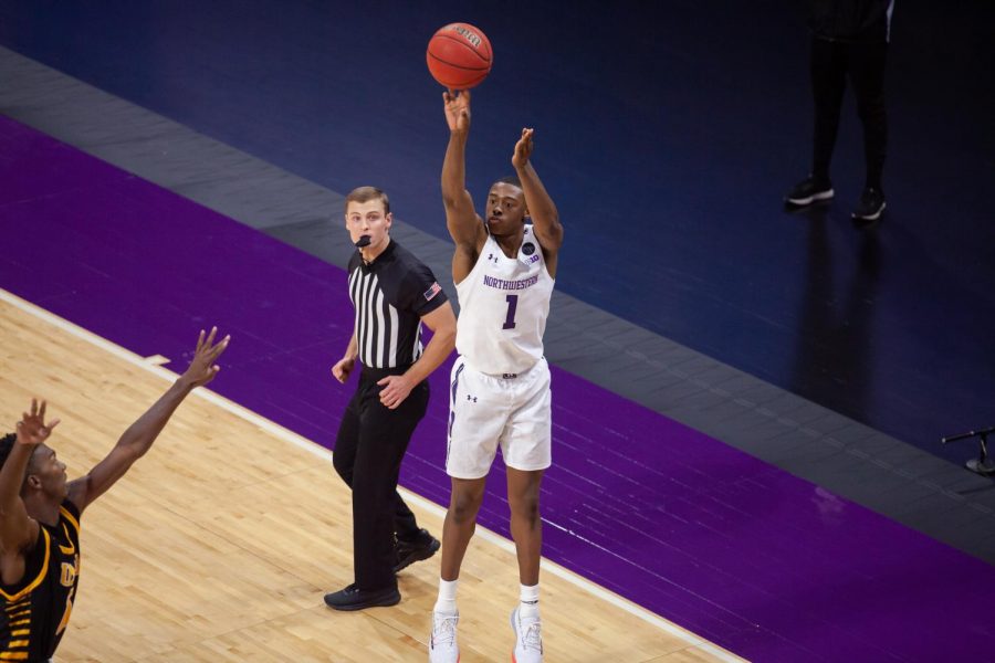 Chase+Audige+takes+a+three-pointer.+Audige+tallied+18+points%2C+six+rebounds+and+six+assists+in+Northwestern%E2%80%99s+loss+to+Purdue.