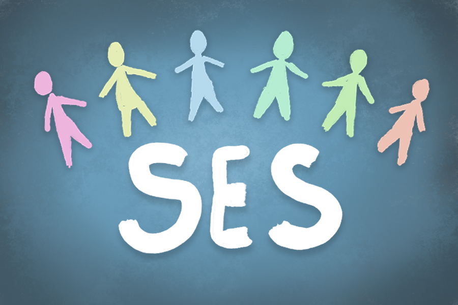 Six stick figures colored with pastel greens, blues and pinks are drawn above the letters SES.