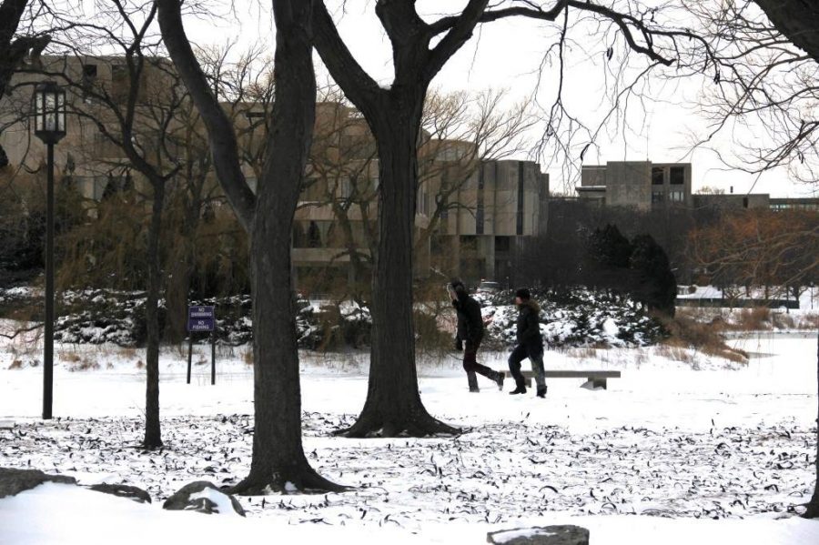 Northwestern+students+walk+across+a+snowy+Lakefill.+The+Evanston+Winter+Games+aim+to+encourage+residents+to+get+outside+and+appreciate+the+winter+weather.
