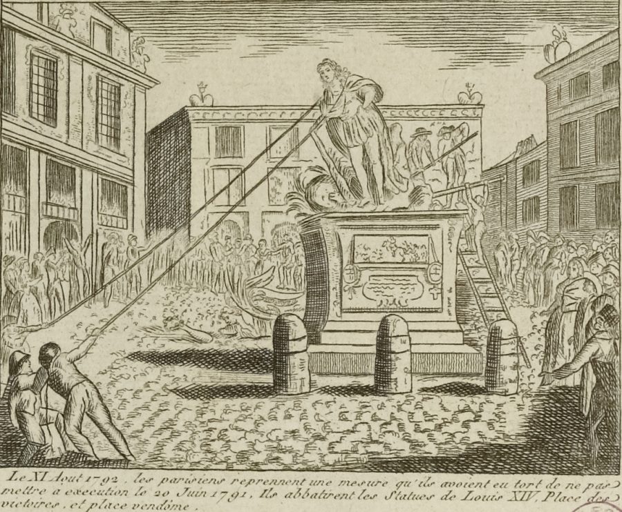 A sketch of a statue of Louis XIV being torn down by revolutionaries