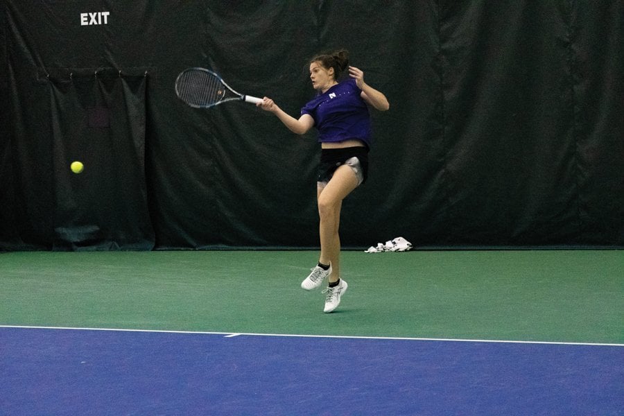 Julie Byrne hits the ball. The graduate student’s 1-6, 6-3, 6-3 singles win against Ohio State helped key Northwestern’s comeback win.