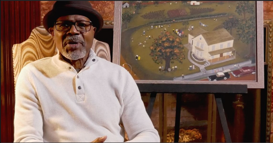 Jevoid Simmons sits against a backdrop showcasing one of his paintings as he recites an excerpt from his book, “Up from Down Home: A Family’s Journey North.” This installation was the second in EPAC’s digital installation series.
