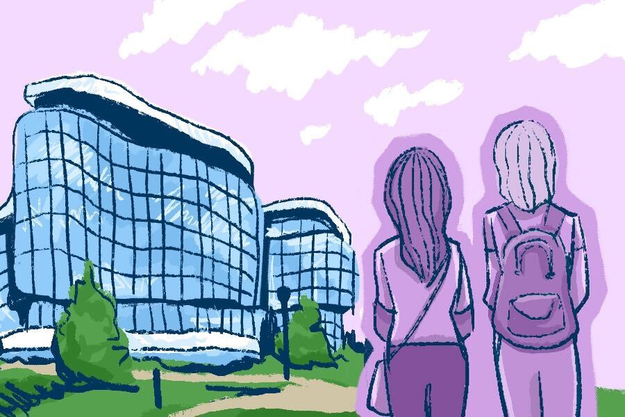 In an illustration, two women look at Northwestern’s Kellogg Global Hub.