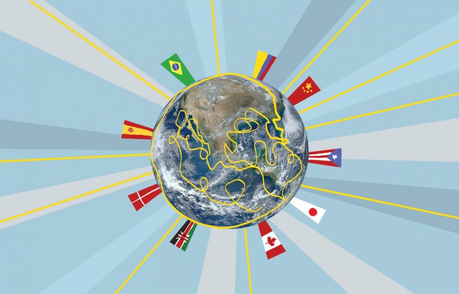 A globe with nine different flags coming off the surface.