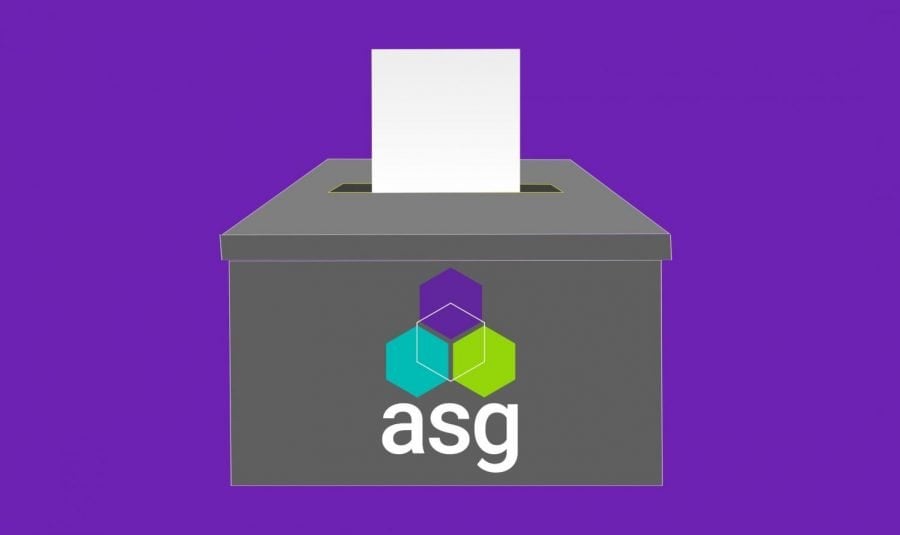 A gray ballot box on a purple background, with the Northwestern ASG logo on the box.