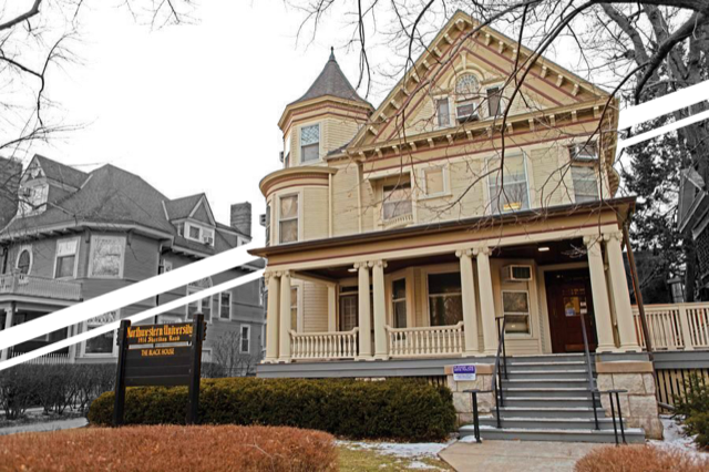 An image of the Black House. The house is beige with a sign on the front porch that reads “Northwestern University.”