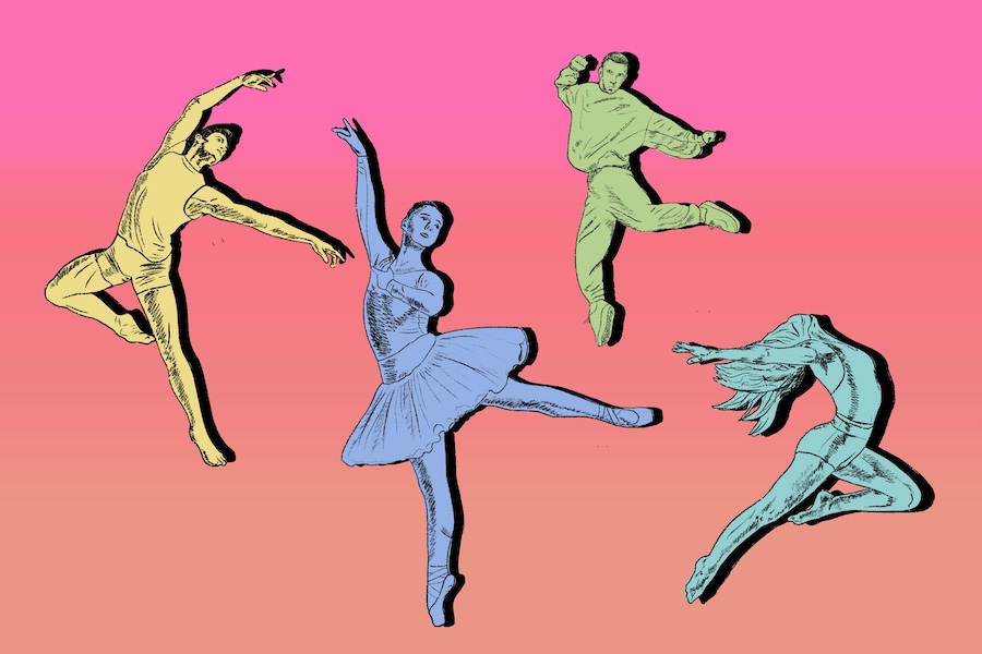 On a pink and orange ombre background, four figures dance. From left to right, there is a yellow modern dancer, a blue ballerina, a green hip hop dancer and a teal modern dancer mid-leap.