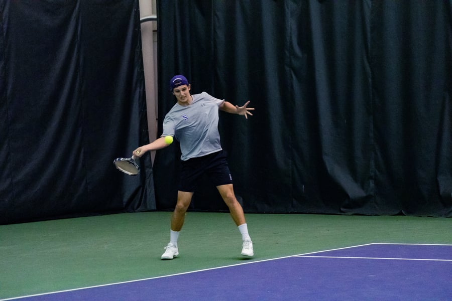 Chris Ephron sizes up a return. Between matches against Minnesota and Wisconsin, Ephron went 4-0 across both doubles and singles.