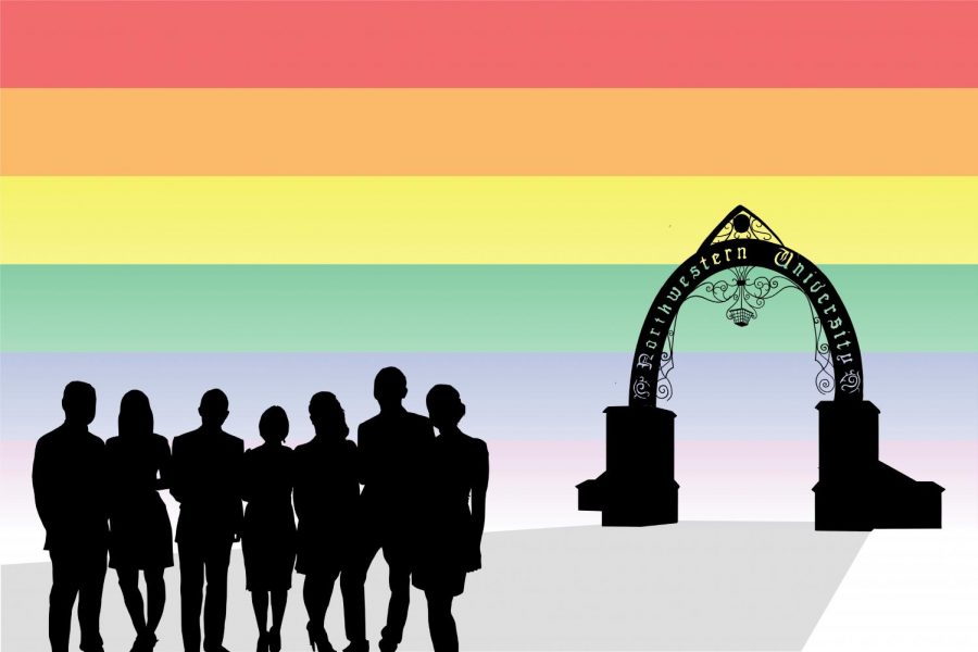 Black+silhouettes+of+a+group+of+students+and+the+Weber+Arch+with+the+words+%E2%80%9CNorthwestern+University.%E2%80%9D+The+background+is+rainbow+stripes.