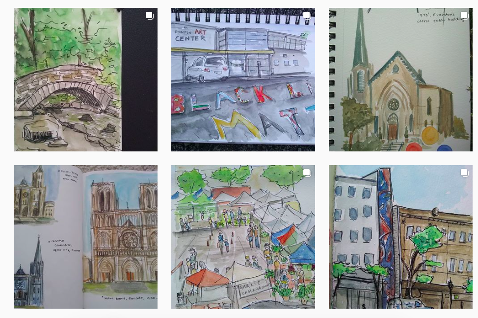 Six+watercolor+sketches+laid+out+in+a+rectangle.+In+clockwise+order%2C+beginning+in+the+upper+left+corner%3A+sketches+of+a+bridge%2C+street+art+reading+%E2%80%9CBlack+lives+matter%2C%E2%80%9D+a+cathedral%2C+a+collection+of+cathedrals%2C+a+local+plaza+market+and+town+storefronts.