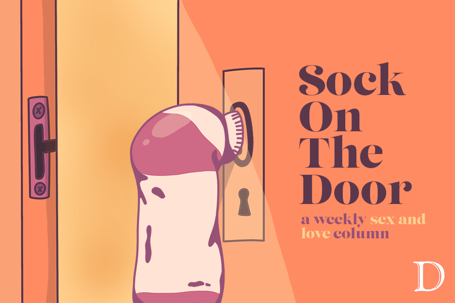 A sock hangs from a doorknob. Text reads, “Sock on the Door: a weekly sex and love column.”
