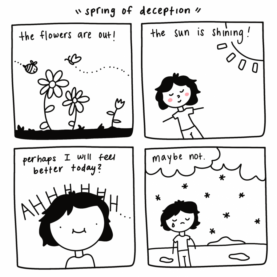 Top to bottom, left to right: Black and white cartoon of flowers, grass and bugs with the text “the flowers are out!, Cartoon of a happy person smiling under the sun with the text “the sun is shining!,” Cartoon with the text “Perhaps I will feel better today?” and a person with a stressed expression, Cartoon with the text “maybe not.” The person is sad and snow is falling, covering the ground.