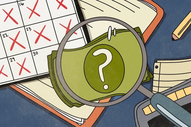 An open book, calendar, pencils and paper on a blue table. A stack of green dollar bills branded with a question mark are on the book, and a magnifying glass is laid over the bills.