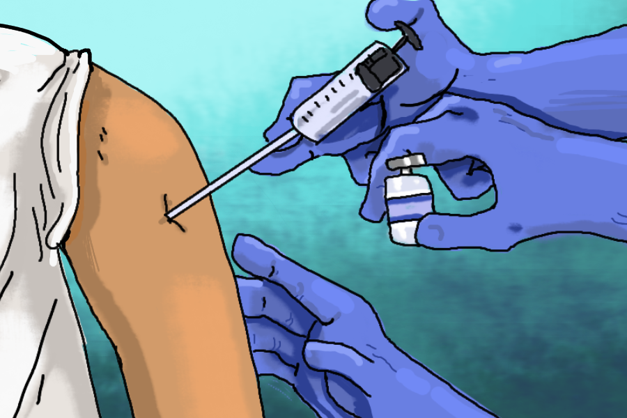 A needle is shown going into an arm against a blue background. Two hands, all wearing a blue glove, are holding a syringe and a vial. A third hand touches the arm.