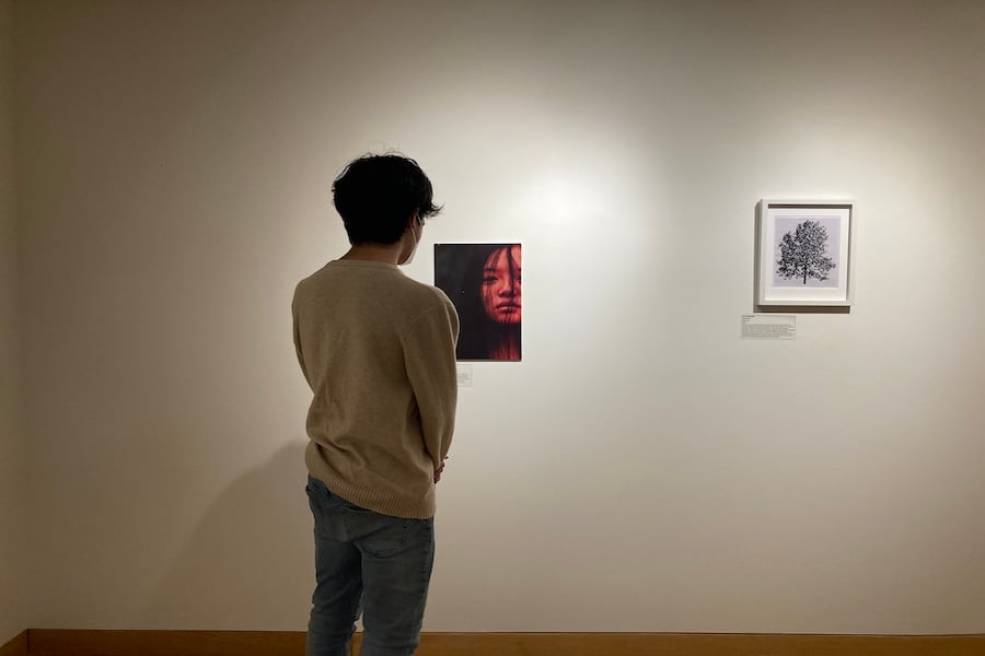 A guy in a sweater and gray pants looks at a close-up picture of a girl in an exhibit. There is also a picture of a black and white tree in a frame on the right side of the picture.